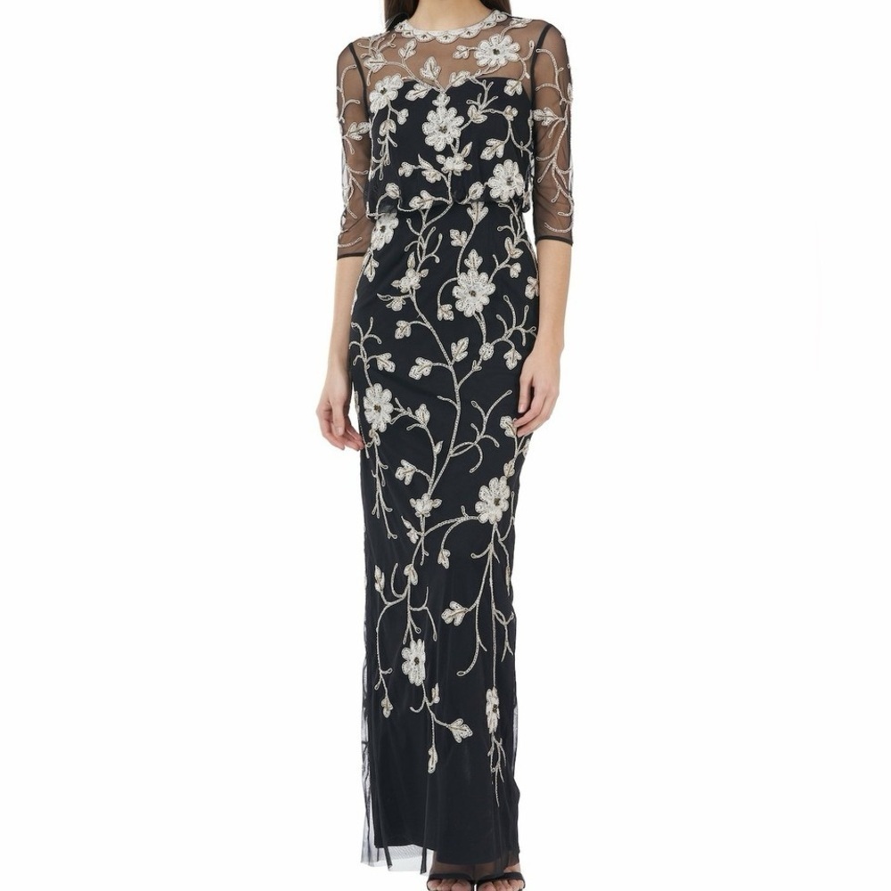 J.S. Collections Elegant Black Floral Embroidered Gown